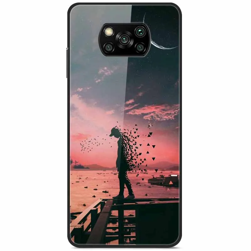 Tempered Glass Hard Cover For Poco X3 Pro Case Luxury Landscape Painted Funda Capa For Xiaomi Poco X4 Pro 5G M5S M5 C40 Coque