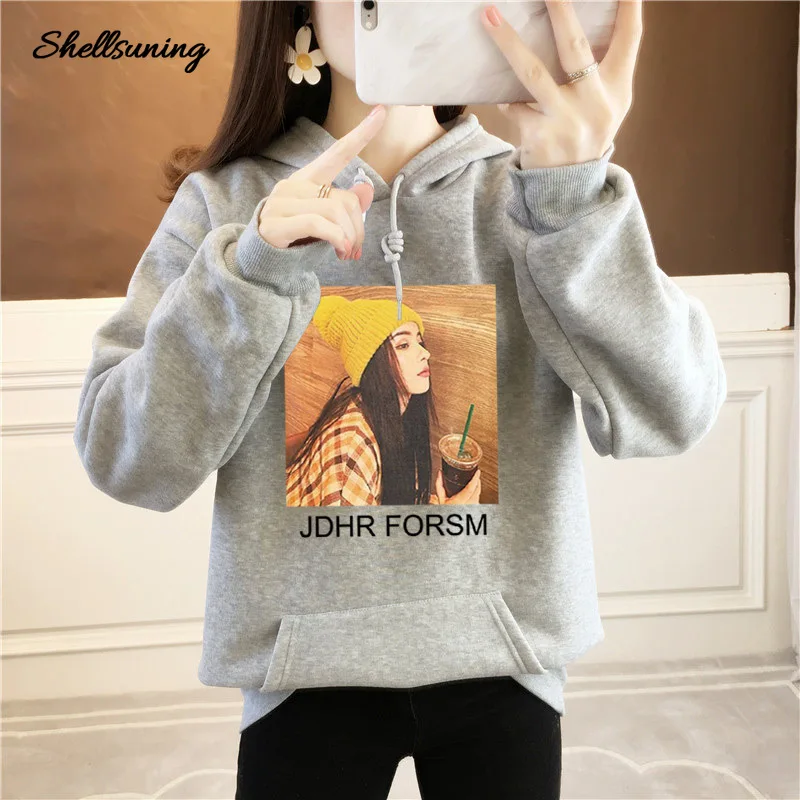 

Shellsuning Portrait Printing Winter Female Thicken Plus Velvet Sweatshirts Hoodies Korean Style Streetwear Vintage Pullovers