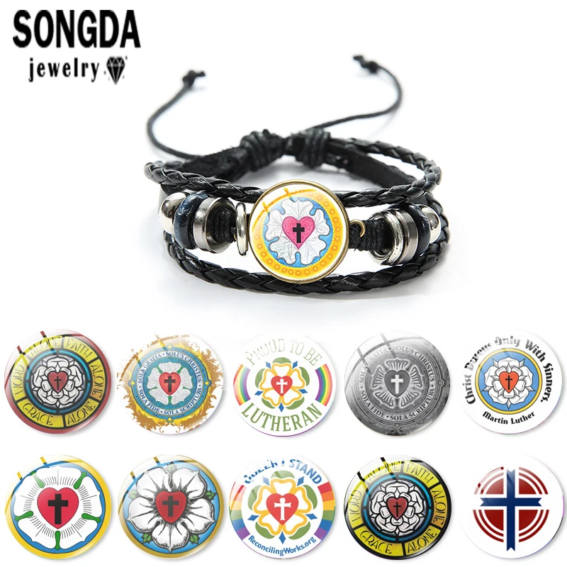 

Lutheranism Leather Bracelet Christian Cross Luther Rose Red Heart Multilayer Weave Cabochon Glass Bangle Man Women Jewelry Gift