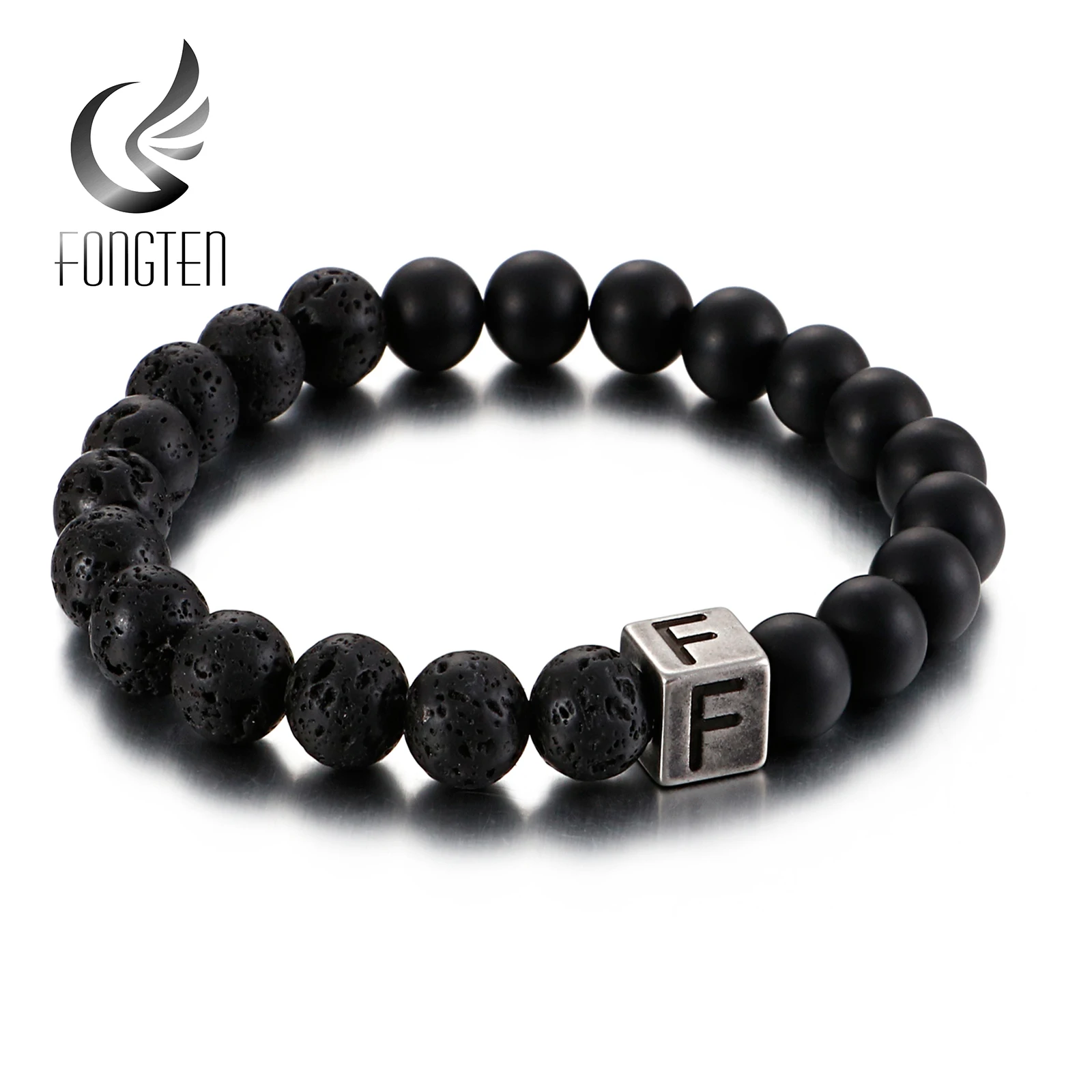 

Fongten Letter of the Alphabet A~Z Beads Men's Bracelet Natural Stone Beaded with Suqare Stainless Steel Couple Bracelets