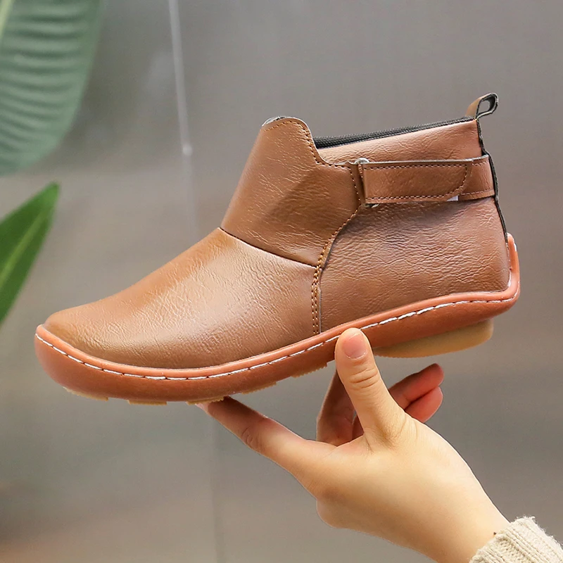 Women's PU Leather Ankle Boots Women Autumn Winter Paste Vintage Punk Flat Ladies Shoes Woman Botas Mujer | Обувь