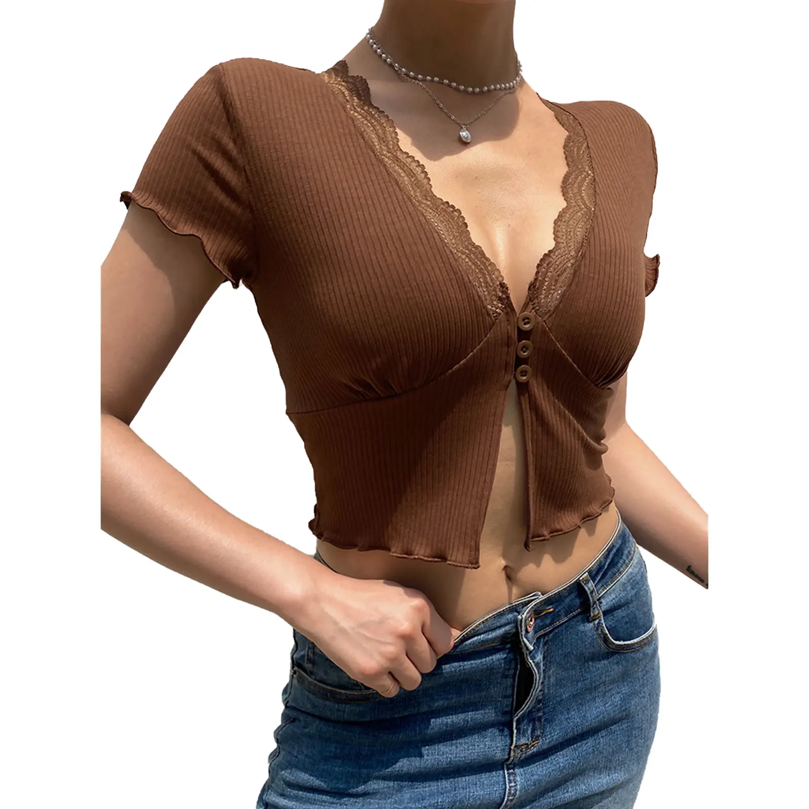 

Women’s Casual Short Sleeve Cardigan Fashion Sexy Solid Color Lace Trim V-neck Single-breasted T-shirt