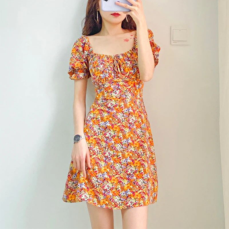 

Floral Short Sleeve Sexy Mini Dress 2021 Korean Casual Vintage Fashion Dresses For Women Slim Skinny Club Party Undefined