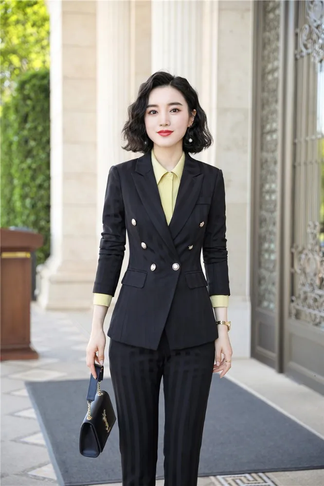 High Quality Fabric Novelty Wine Striped Women Business Suits with Pants and Blazer Coat Autumn Winter Professional Pantsuits