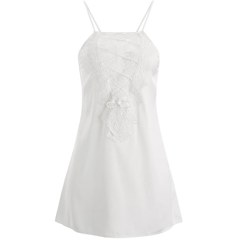 

2021 New Women Nightedress Sexy Lace Cutout Nightdress Split Side Neckline Open Back Nightgown Sleepdress Cut Homedress White