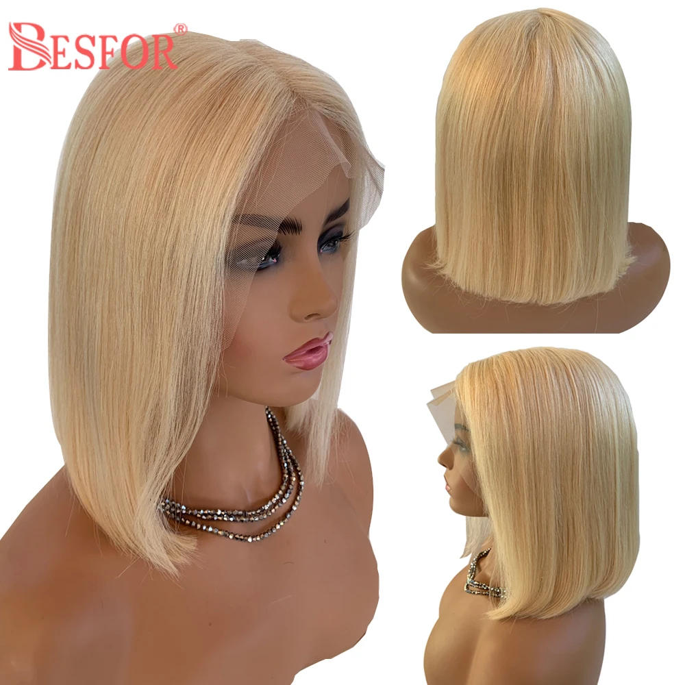 

BESFOR Human Hair 613 Blonde Ombre 1B613 Color Short Bob Wigs 13x4 Lace Front Straight Wig Slightly Bleached Knots 150% Density