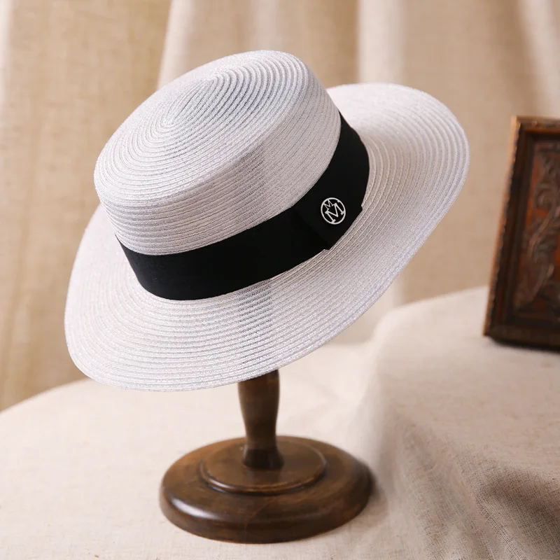 

Summer Wide-brimmed Sun Hat Female Vacation Beach Visor Cap Elegant Flat Top Sunscreen Hat M Letter Fashion Straw