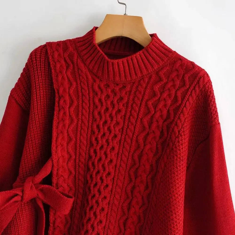 Женский пуловер с круглым вырезом свитер свободный на шнуровке Ретро стиль витой