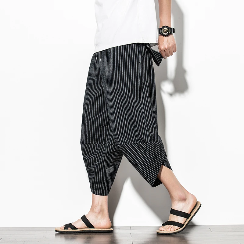 

Мужские брюки в традиционном стиле, повседневные брюки до щиколотки в Корейском стиле, свободные уличные штаны в полоску в стиле хип-хоп, бо...