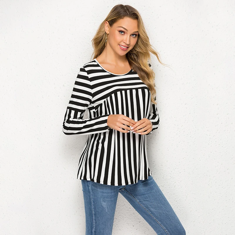 Повседневная Женская Красная белая полосатая футболка с длинным рукавом