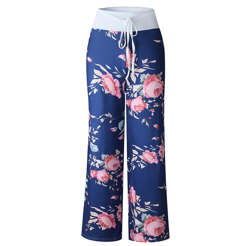 

Fashion Boho Woman Pants Floral Printed Lace Up High Waist Flat Trousers Female Casual Baggy Wide Leg Long Pants Plus Size
