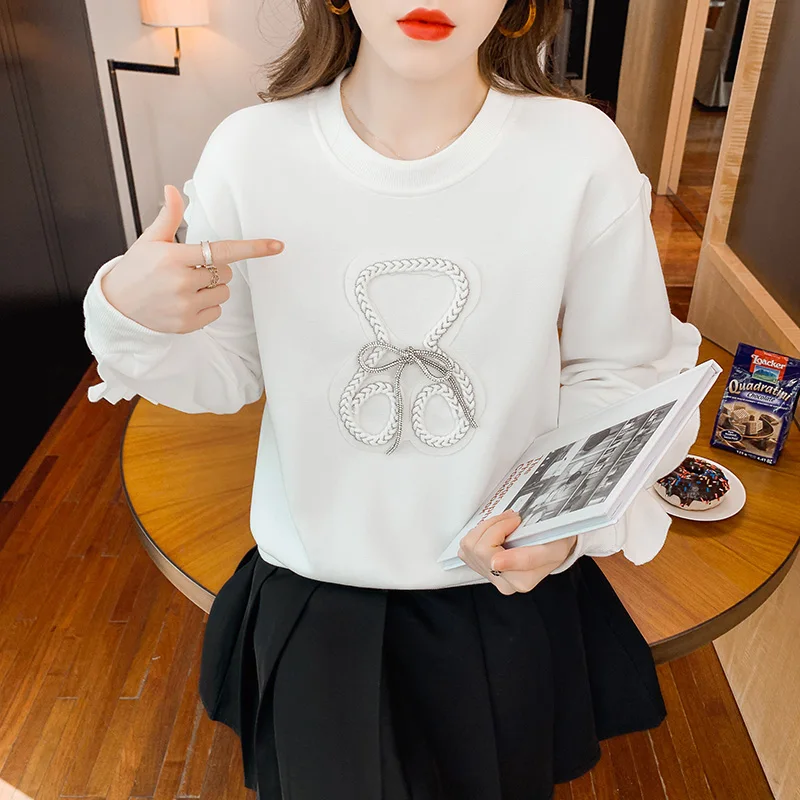 Autumn Spring Heavy Embroidered Bear Sweatshirt Ruffle Sleeve Pullover Tops Moletom Feminino 2021