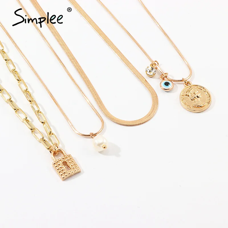Simplee Golden chain pendant necklace Fashion jewelry lock eye women long Streetwear party charm accessories 2020 | Украшения и