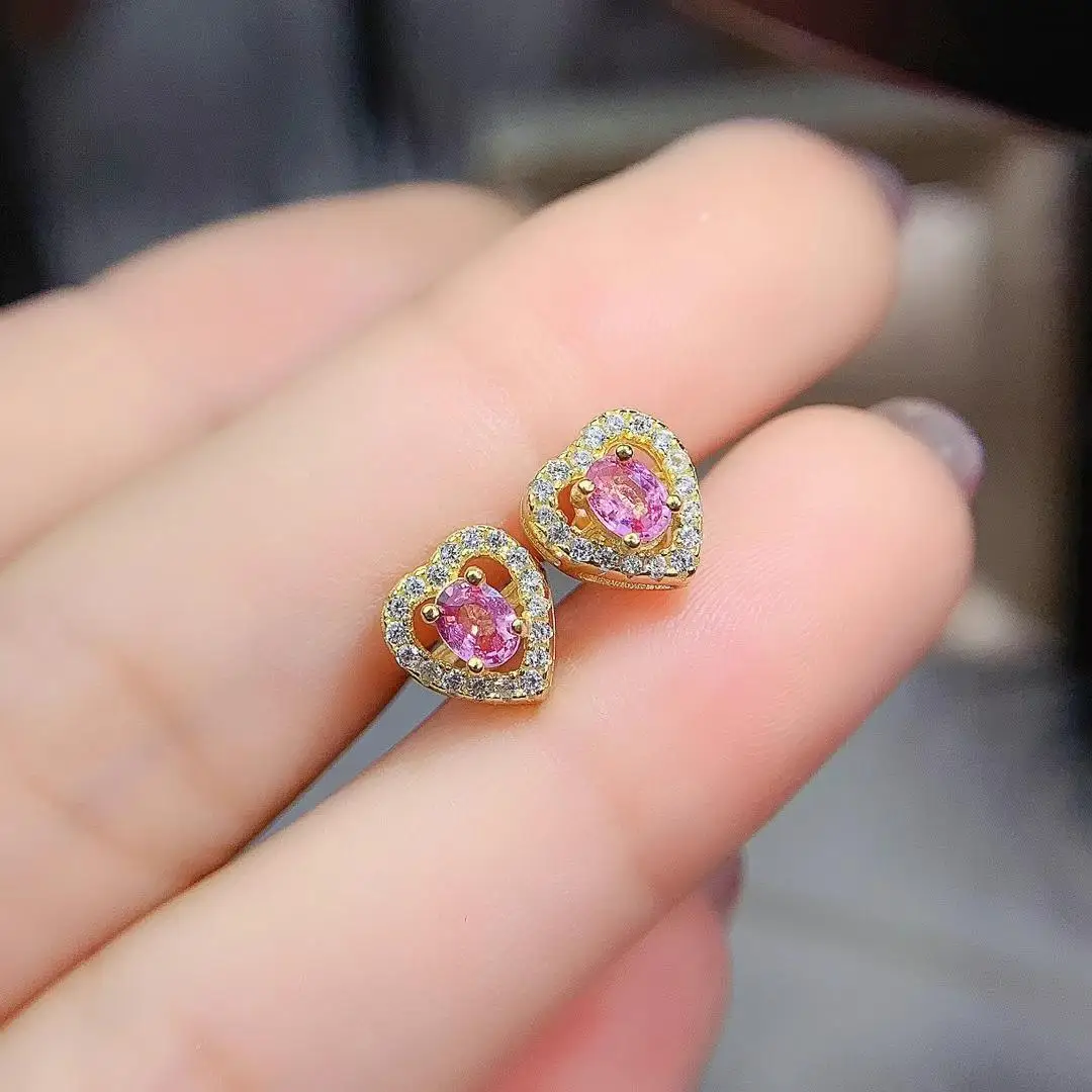

Romantic elegance heart Peach Natural pink sapphire stud earrings S925 silver natural gemstone earrings girl party gift jewelry
