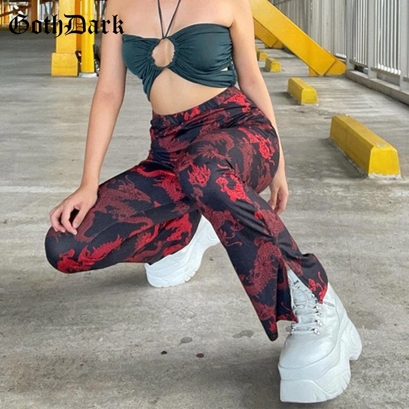 

Goth Dark Grunge Aesthetic Gothic Punk Pants Women High Waist Harajuku Skinny Trousers Dragon Print Fashion 90's Streetwear 2021