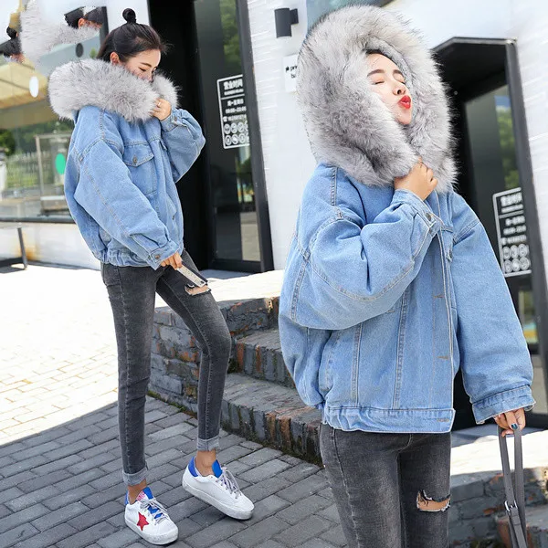 

With Fur Trim Hood Cotton Liner Long Denim Jackets Women Winter Hardy Warm Denim Coats Jackets Female Plus Size Loose Outerwear