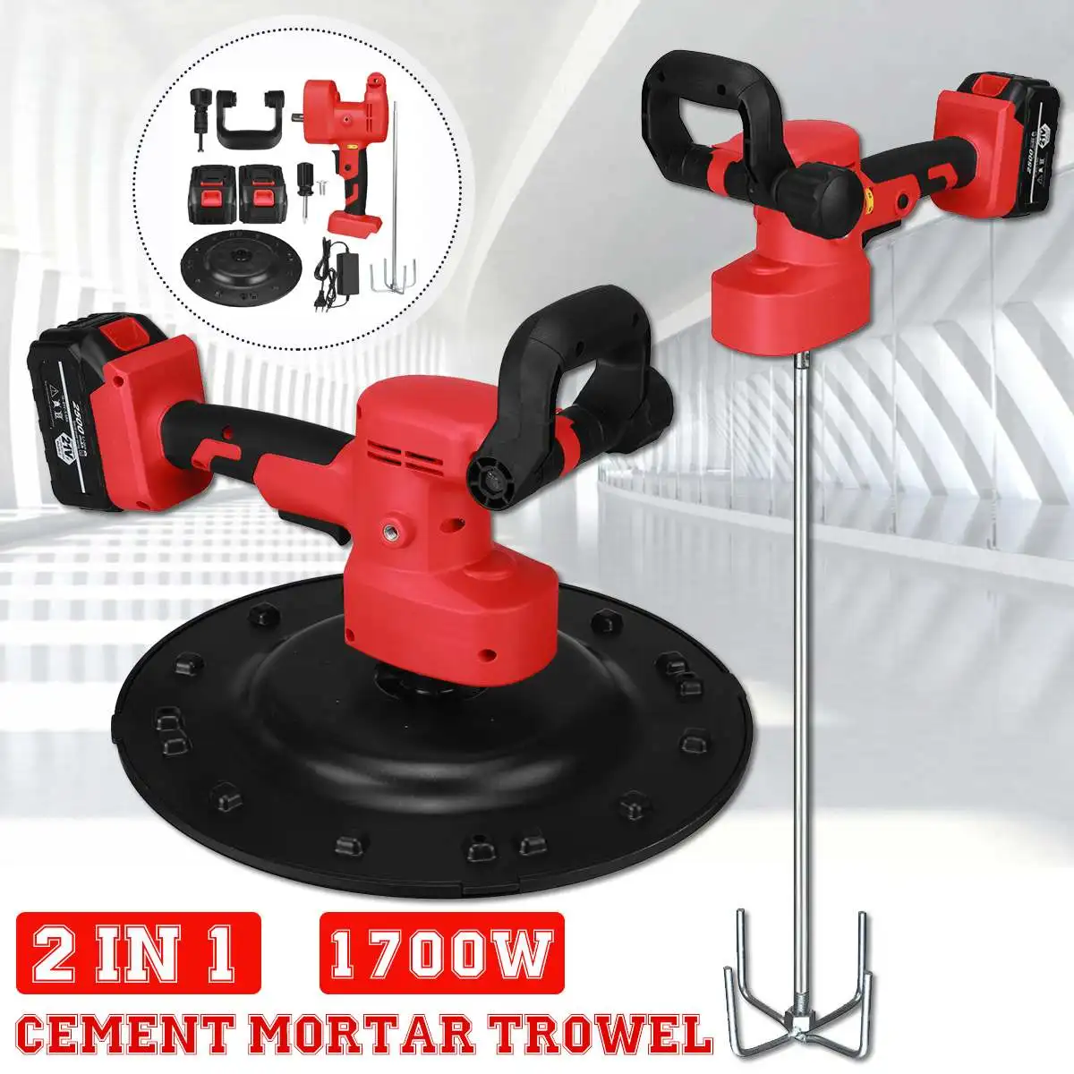 

DC 110V/220V 1700W Electric Sander Cement Mortar Trowel Wall Polishing Machine with Portable Concrete Drill Mixer Li-ion Battery