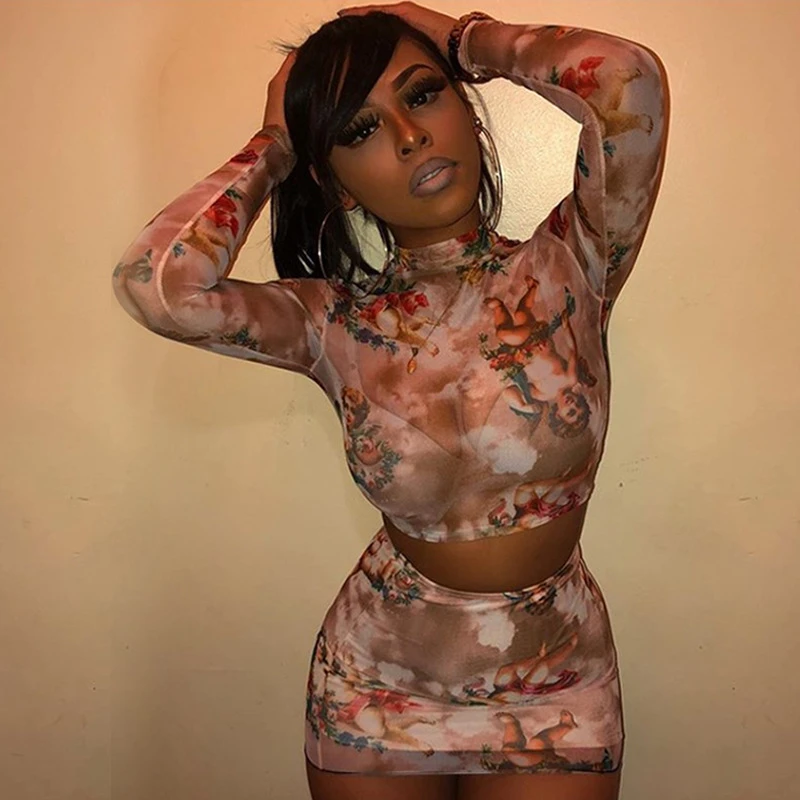 Соблазнительные женские сетчатые комплекты одежды короткий топ с длинным