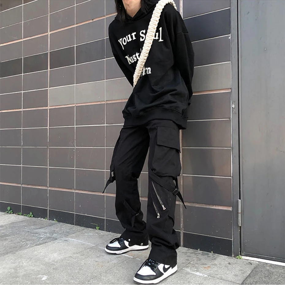 Брюки-карго мужские на молнии модные штаны с ленточными пуговицами уличная