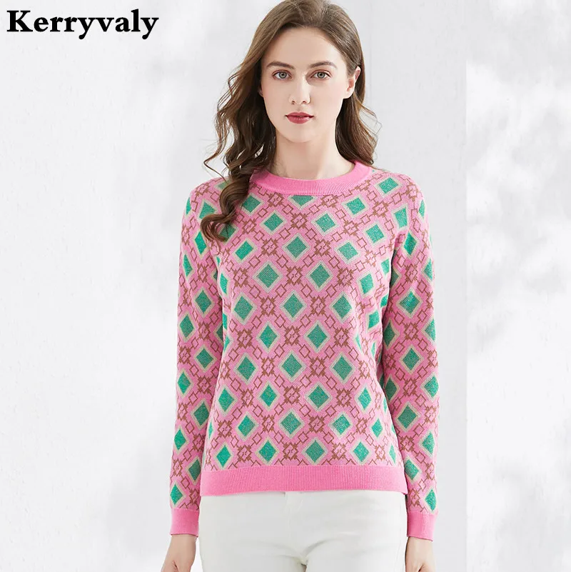

New Pickle Pollen Plaid Hooded Winter Kawaii Sweater Women Gold Silk Hit Color Long Sleeves Pink Sweater Korean K5326
