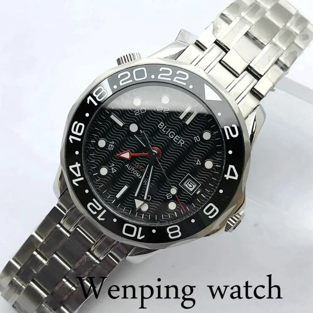 Bliger 41 мм Серебряный чехол сапфировое стекло Керамическая рамка черный циферблат