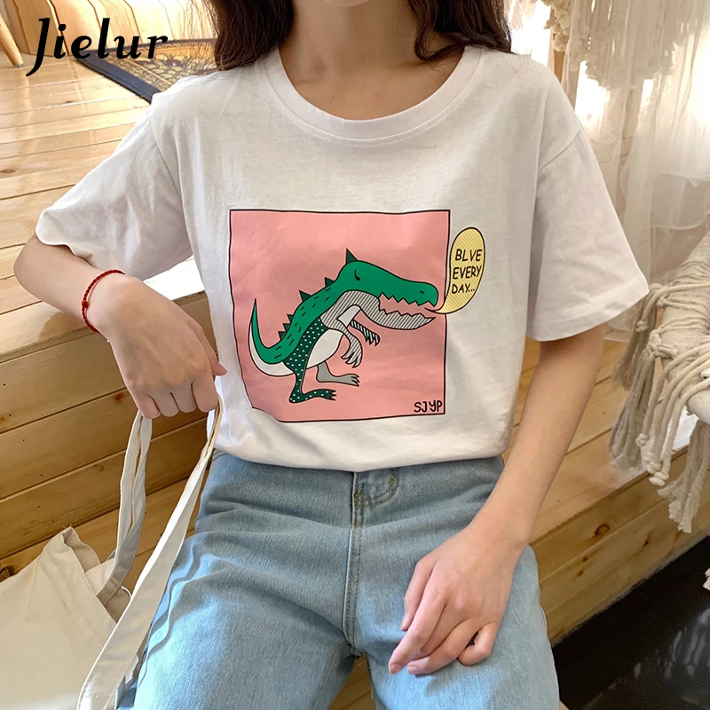 Jielur Women T-shirt Summer O-neck Cartoon Printed Casual Blusas Ladies Cute Tee Tops White Femme Korean Streetwear T Shirt 2021 | Женская