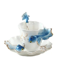 enamel porcelain cup saucer set art ceramic tea coffee cup fish porcelain tea set with spoon for breakfast home kitchen