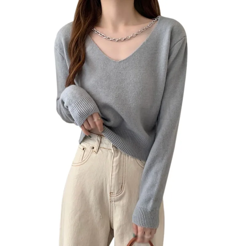 

Осенние женские свитера с V-образным вырезом, короткие модные однотонные облегающие блузки с длинным рукавом и тонким низом