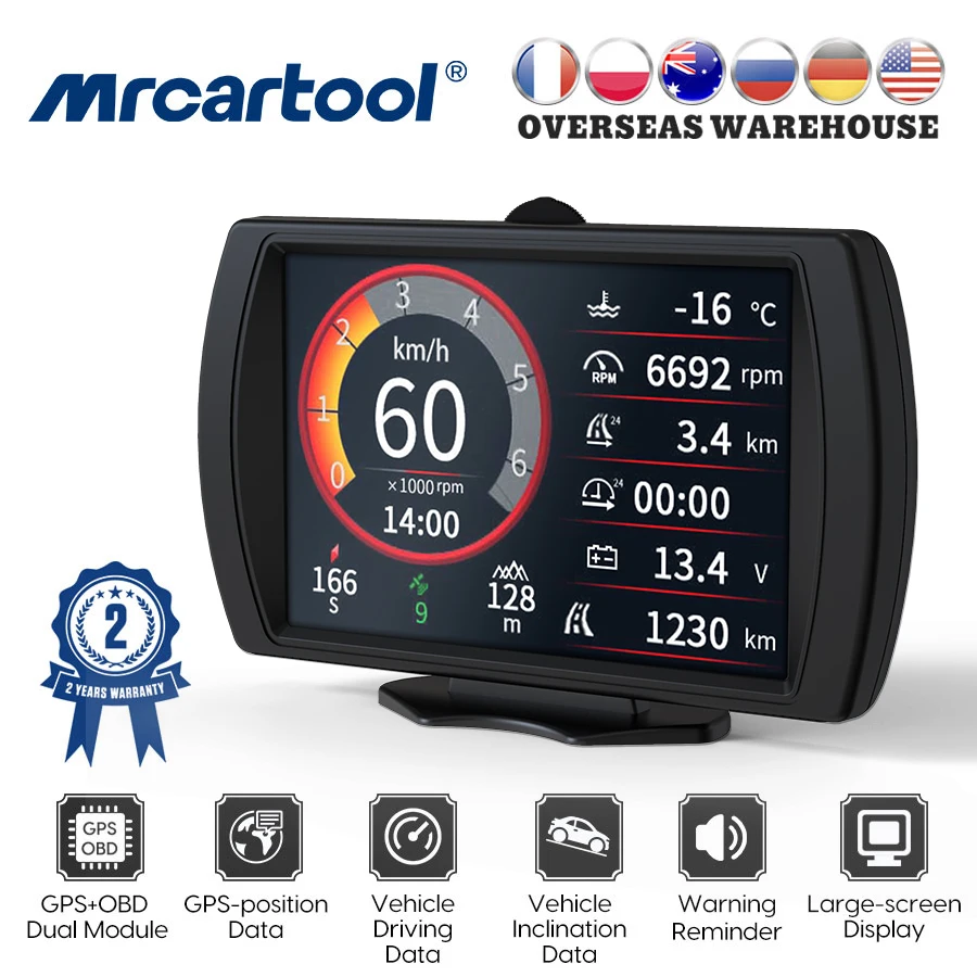 

MRCARTOOL M90 Automotive OBD-II & GPS Off-Road Slope Meter Speedometer Odometer Security Alarm Multifunction HUD Head Up Display