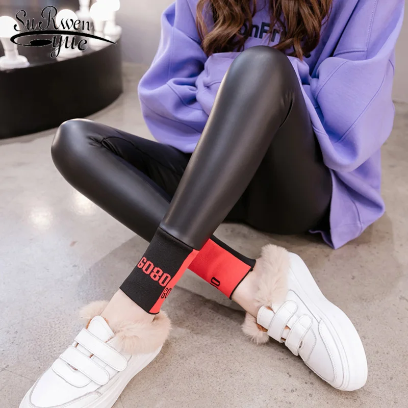 

Autumn Winter New PU Leather Pants High Waist Fashion Black Elastic Waist Slim Skinny Women Trousers Leggings Plus Size 7818 50