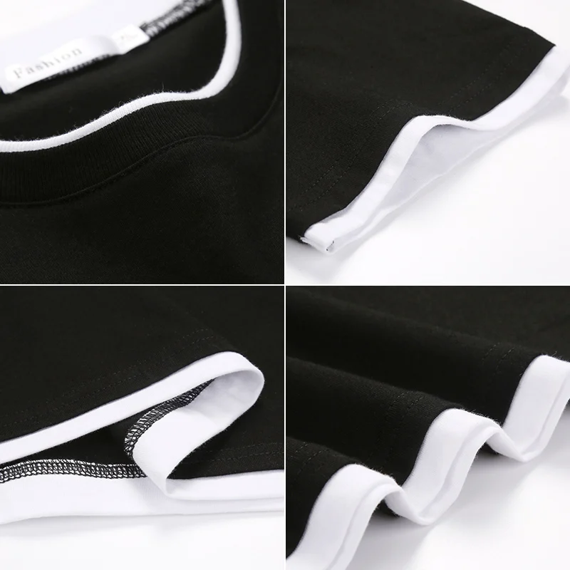 

100% Cotton Summer Casual Short Sleeves Men Tees With Color Contrast On Cuff And Hem Solid Color Dark Grey Denim Blue M-3XL F345