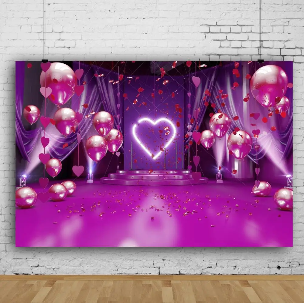 

Fushcia Balloon Love Fluorescent Lamp Wedding Stage Photography Backdrop Valentine's Day Couples Women Portrait Photo Background