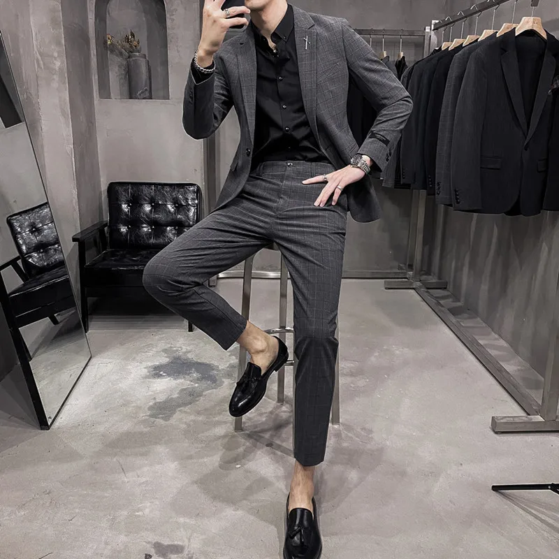 

Новинка, весенняя одежда, мужской костюм, деловой костюм в клетку для отдыха, приталенное платье для жениха, мужской костюм, костюм из двух п...