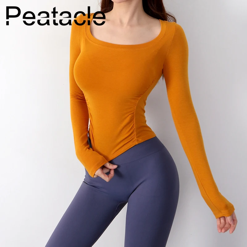 

Сексуальная Спортивная футболка Peatacle с квадратным вырезом, Женская облегающая быстросохнущая одежда с длинным рукавом для бега, тренирово...