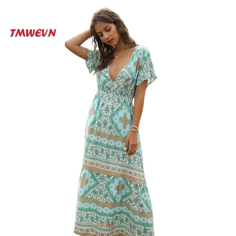 

Women Boho Floral Print Women Long Dress Gypsy Vestidos Ladies Maxi Bohemian Dresses Female 2020 Spring Summer New Fashion