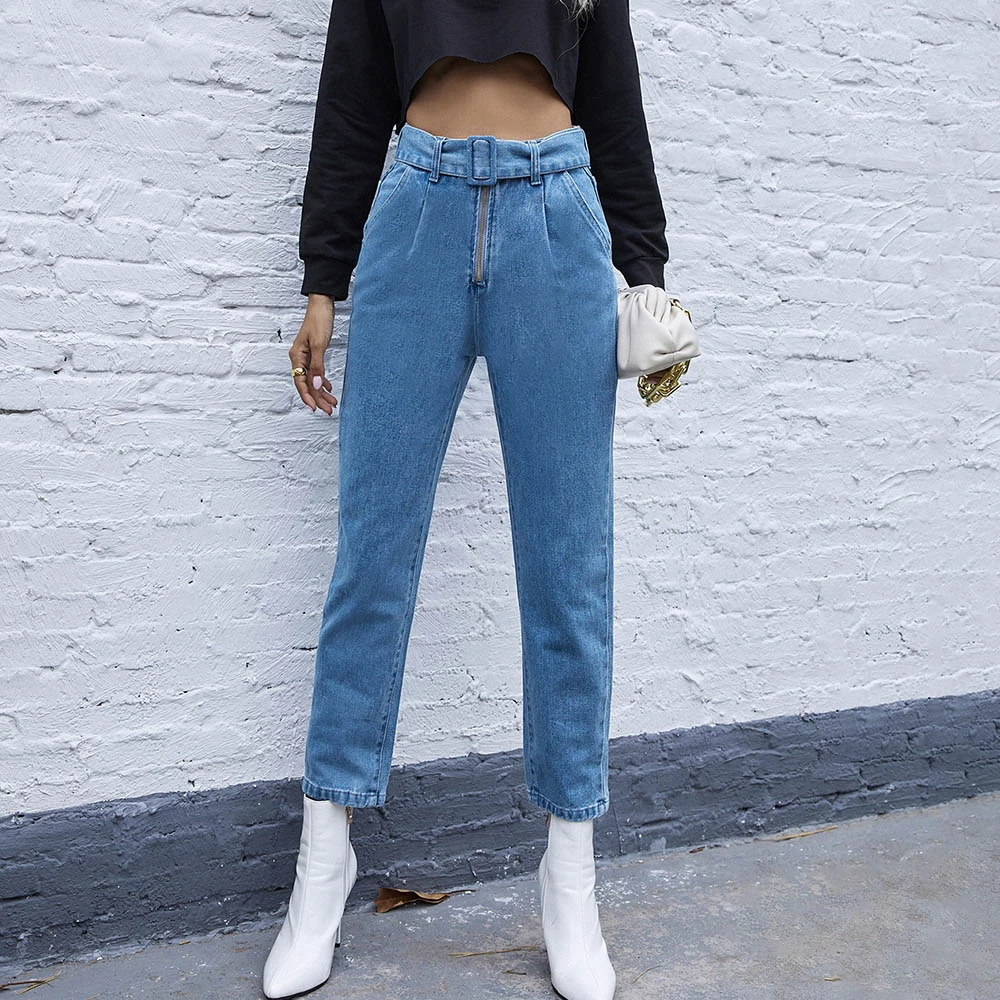 

Jeans Woman High Waist Denim Blue Pencil Pants Woman Jeans Zipper Fly Pockets Sashes Slim Streetwear