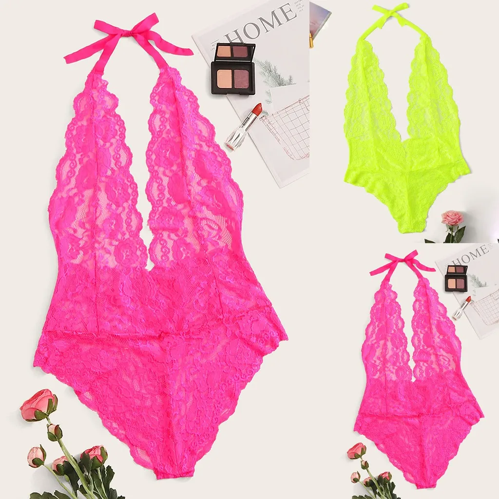 Женский сексуальный кружевной комбинезон с глубоким V-образным вырезом боди