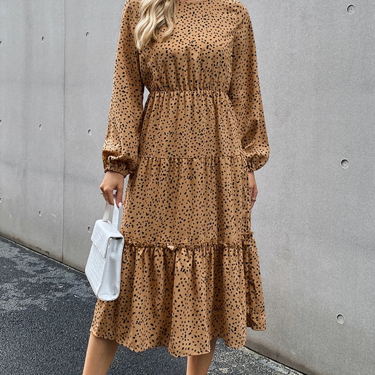 

BacklakeGirls Women Elegant Round Neck Puff Long Sleeve Cockail Dress Tea Length Ruffle Leopard Printed Loose Shirt Dress