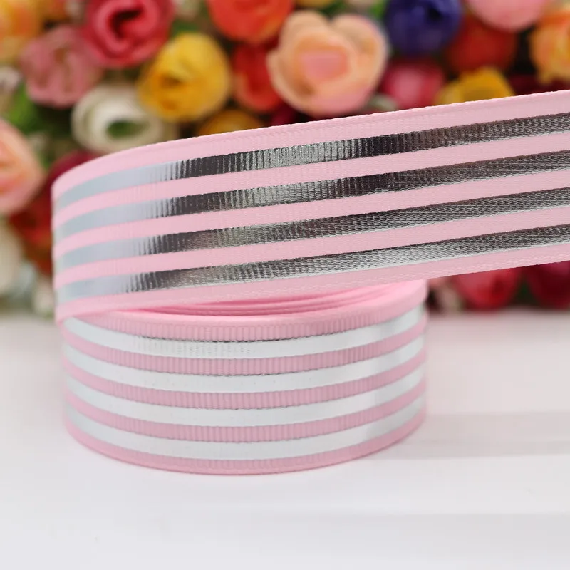 

50 Yards 1" 25MM Grosgrain Ribbon Silver Stripes Printed Ribbon For Hair Bows DIY Crafts Handmade Accessories M20012101