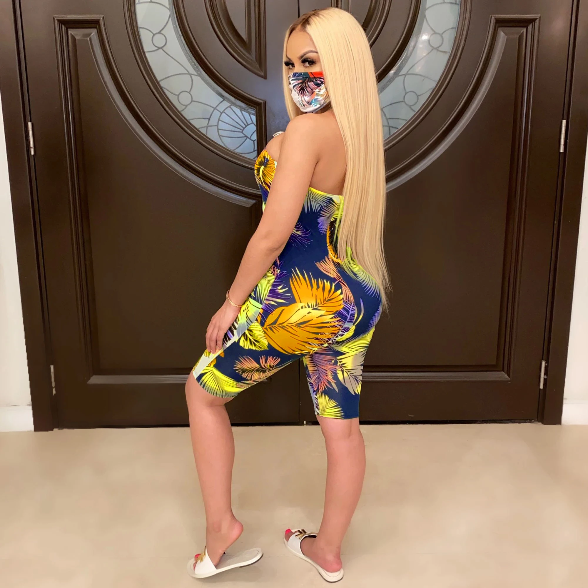 

Fashion Printed Strapless Bra Casual Jumpsuit (without Mask)