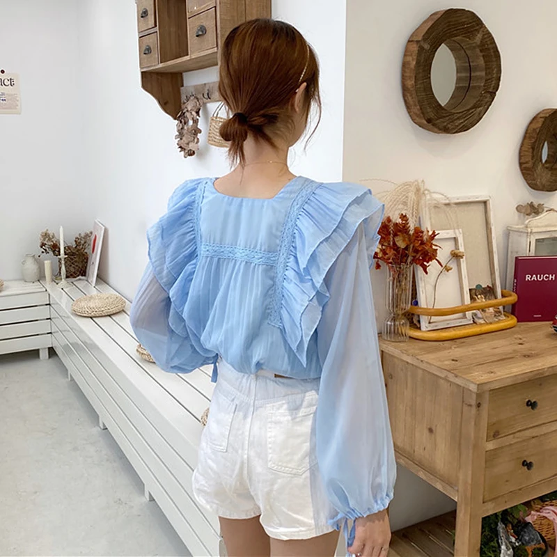 

Fashion Chiffon Blouse Women Korean Vintage Square Collar Long Sleeve Ruffles Blouses and Tops Shirts blusas mujer
