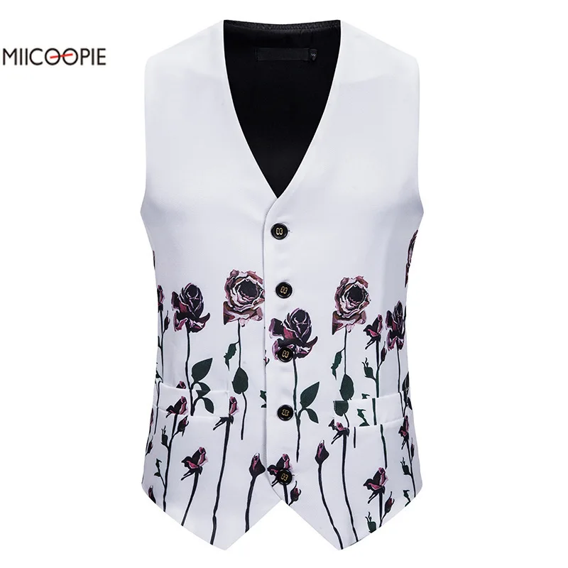 Однобортный жилет с принтом розы новая одежда жилеты для мужчин приталенный