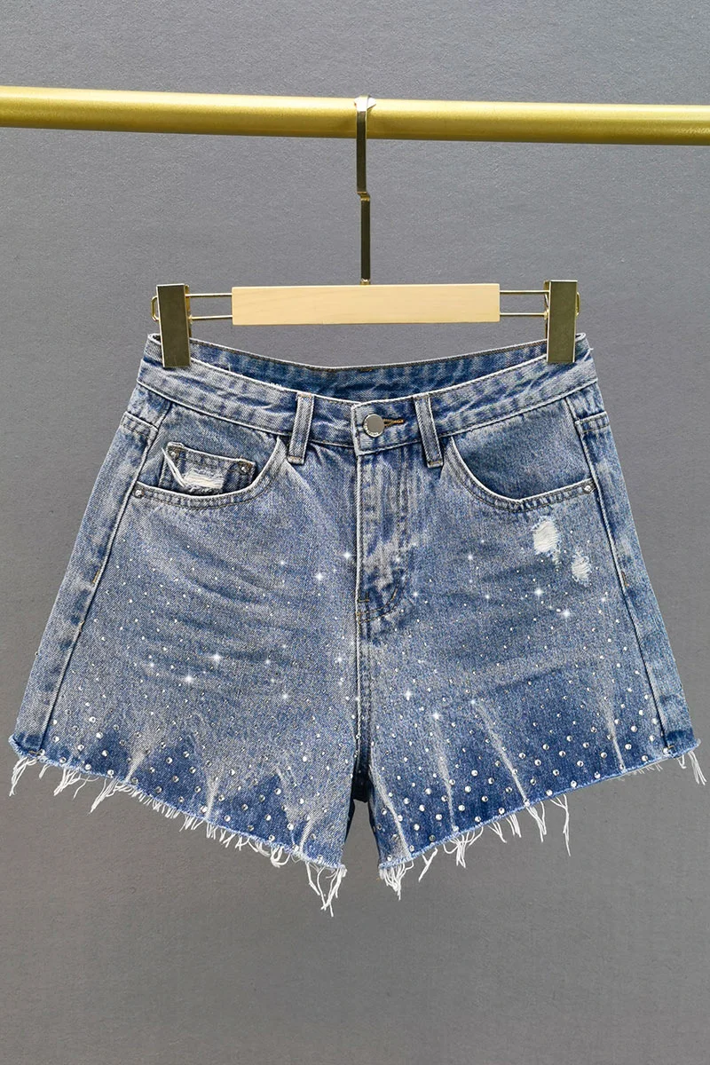 

Rhinestone Denim Shorts Women's 2021 Summer Short Jeans New High Waist Loose Slimming Blue Wide-Leg Trousers Hot Pants