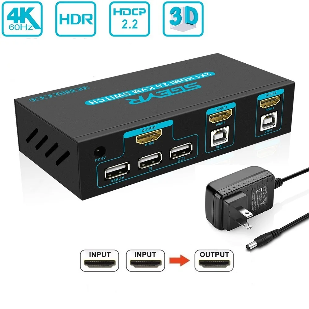 USB HDMI переключатель SGEYR 2x1 USB KVM переключатель 2 в 1 HDMI KVM клавиатура мышь переключатели с поддержкой 4:4:4 HDR 4K @ 60 Гц 3D 1080P
