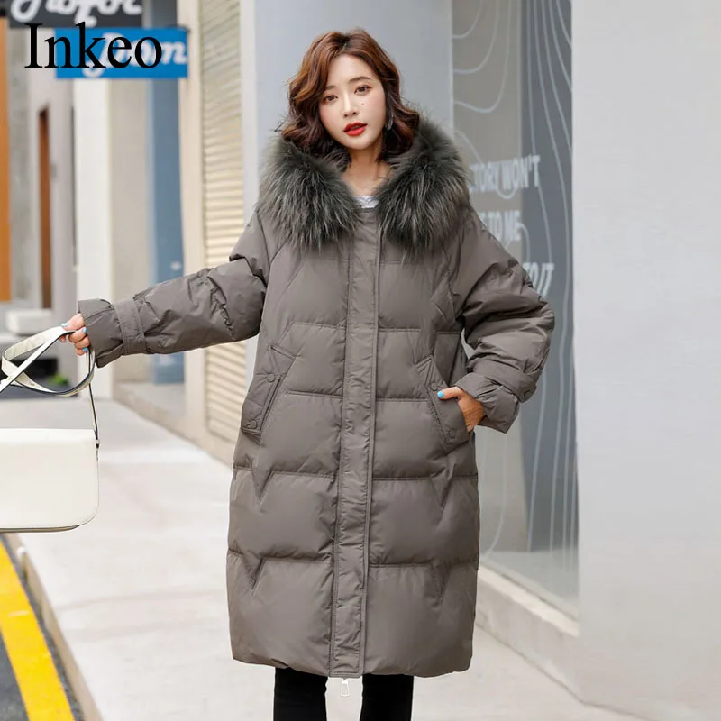 

High quality 2021 Winter Real fur collar Down jacket Thick warm Fashion Hooded Oversized Parkas Long Outwear Female INKEO 1O196