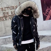 mens hooded fur collar jacket skinny hip hop mens feather print parka casual street