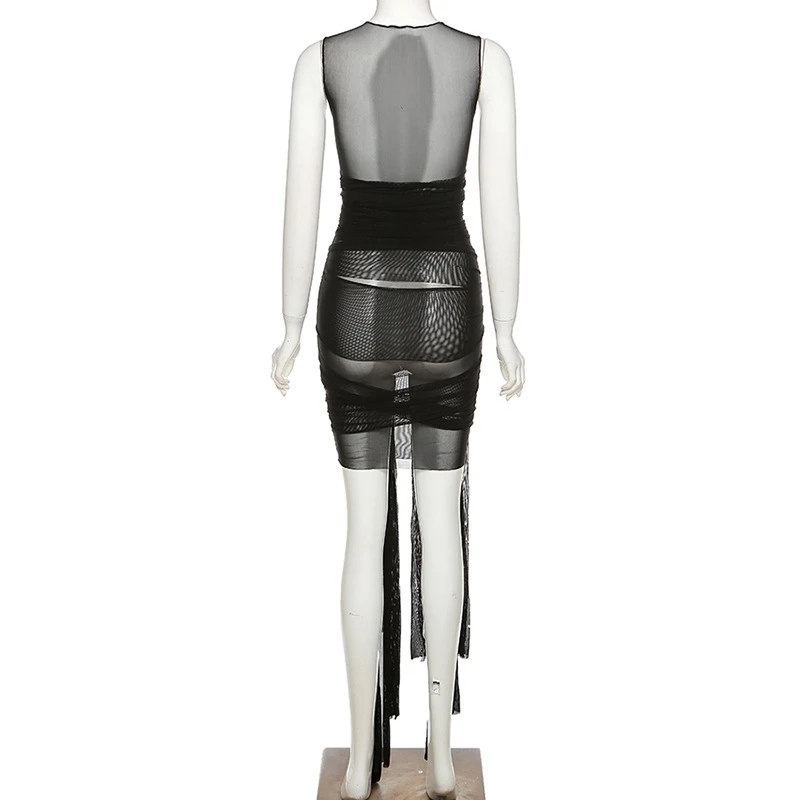 

Ribbons Mesh See Through Party Dresses Women Sexy Clubwear Mini Dress Solid Sleeveless Outfits