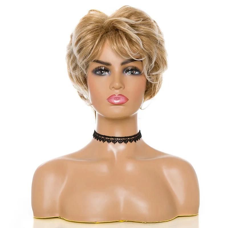 

Short Omber Brown Synthetic Wig Nature Curly Wig With Bangs For Women Daily Part Use Heat Resistant Fiber Wigs