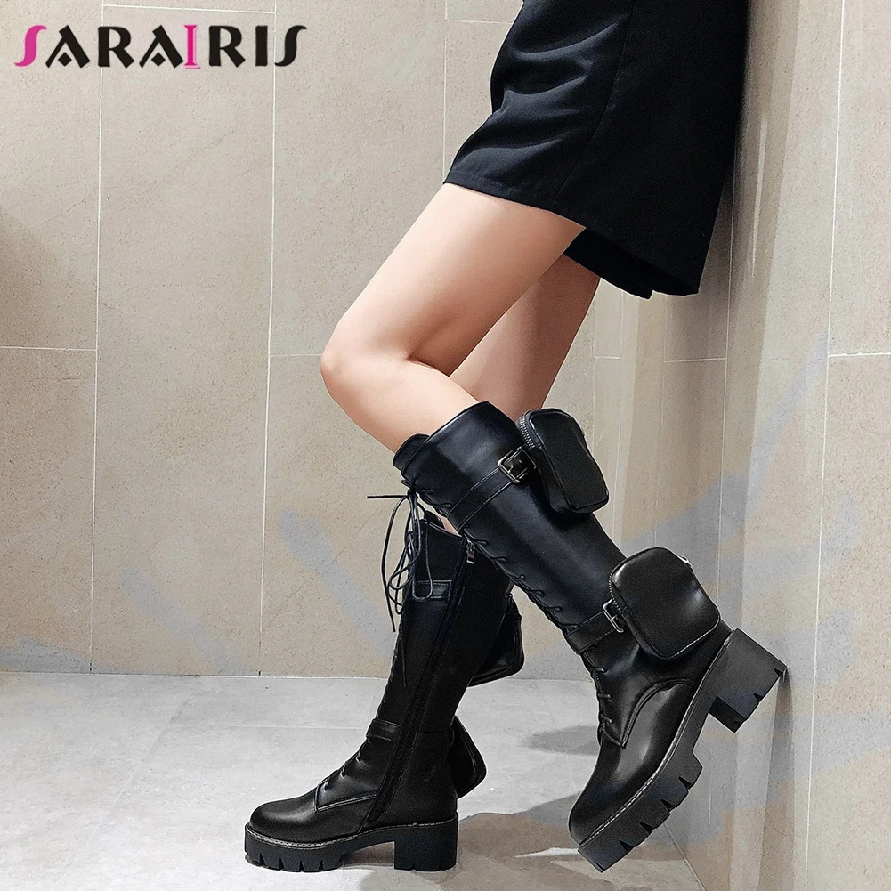 

SARAIRIS Big Size 33-43 Female Cross Tied Fashion Boots Mid Calf Boots Women Round Toe Platform Chunky High Heels Shoes Woman