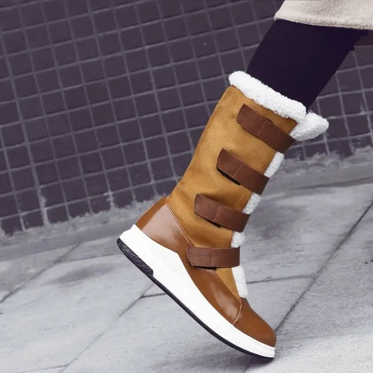 

New Winter Womens Fashion Buckle Strap Round Toe Mid Calf Snow Boots Plus Size